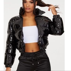 Black Cropped Vinyl Puffer Jacket